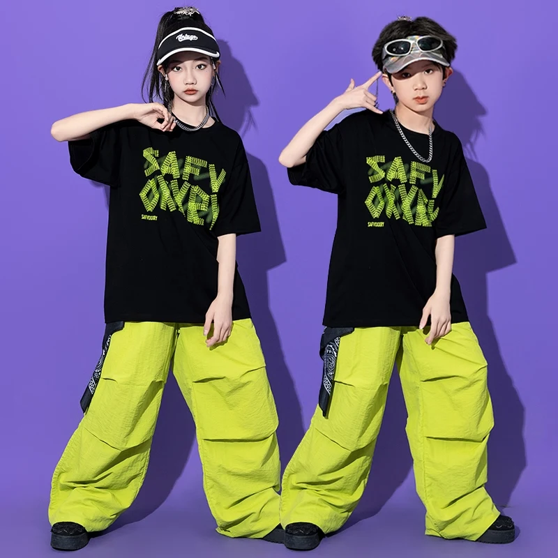 Kinder Team Kleidung Jazz Dance Kleidung Hip Hop Kostüme Kurzarm Top Grün Cargo Hosen Anzug Street Dance Tragen DQL10735