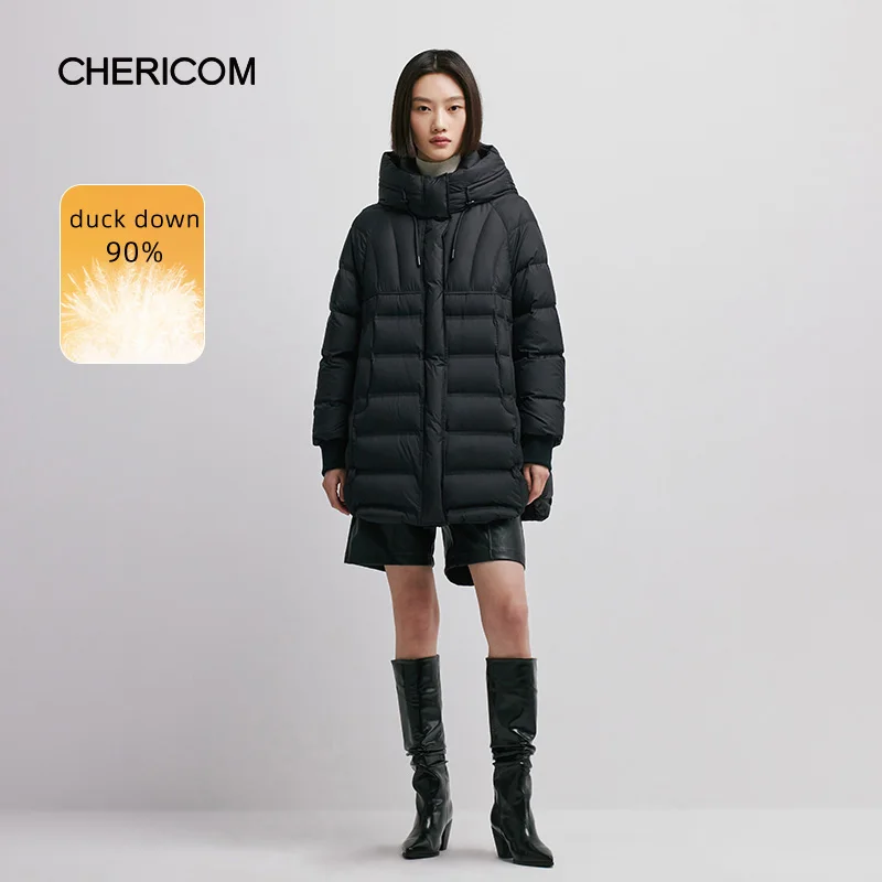 Chericom Mid Long Women's Winter Down Jacket Stand Up Collar Hooded Warm Padded Jacket Duck Down Windproof Puffer Coats 298011