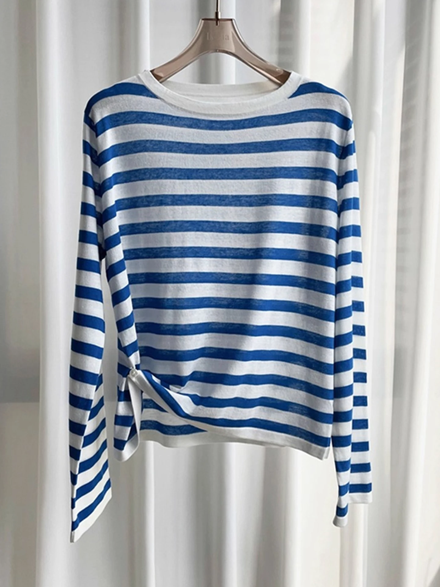 

Sun Protection Knitted Long Sve round Ne Striped Color Blo Women's Casual Top Faionable Versatile Summer T-irt