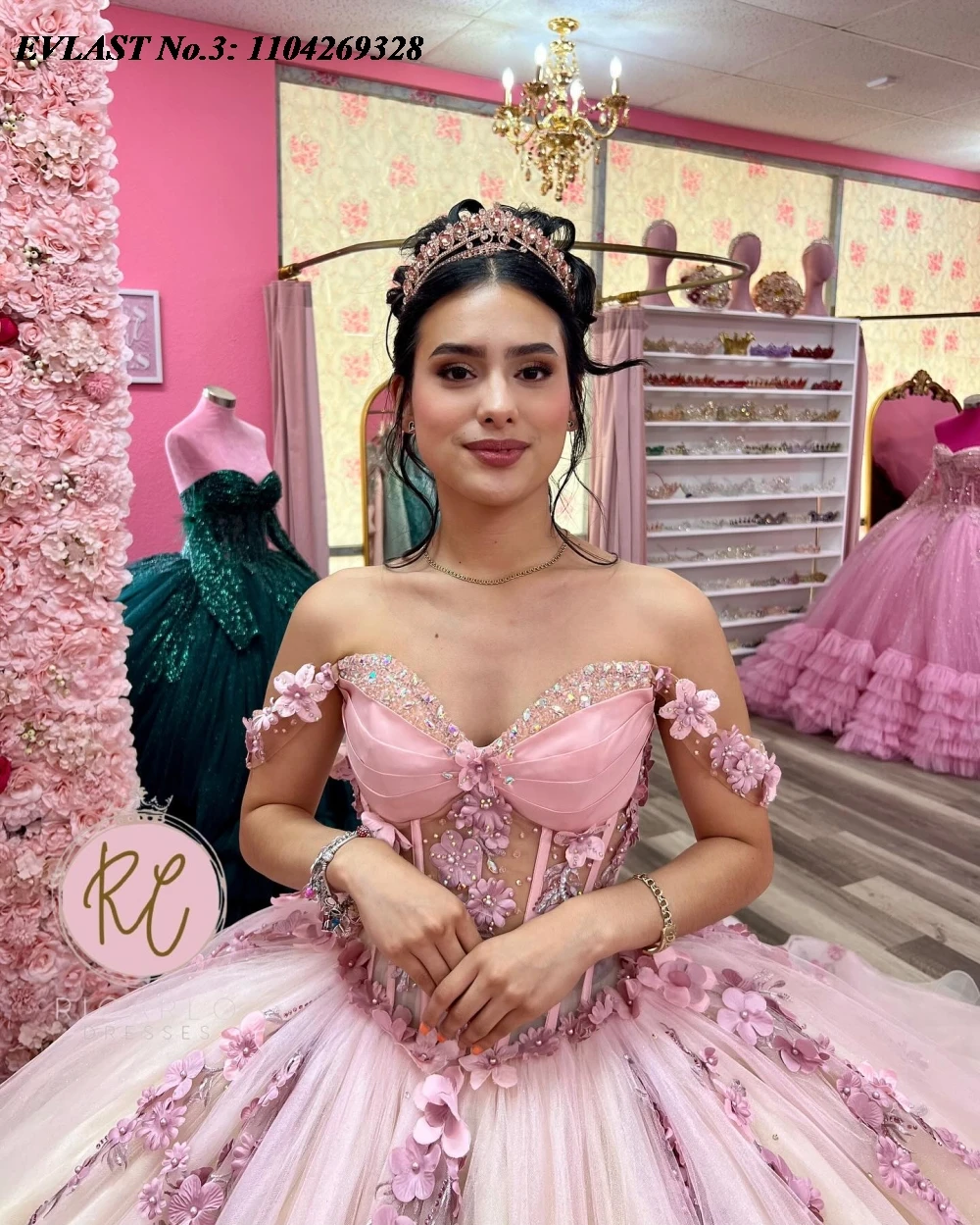 EVLAST Disesuaikan Pink Quinceanera Gaun Bola Gaun 3D Bunga Bordiran Manik-manik Meksiko Korset Manis 16 Vestido De 15 Anos E3Q474