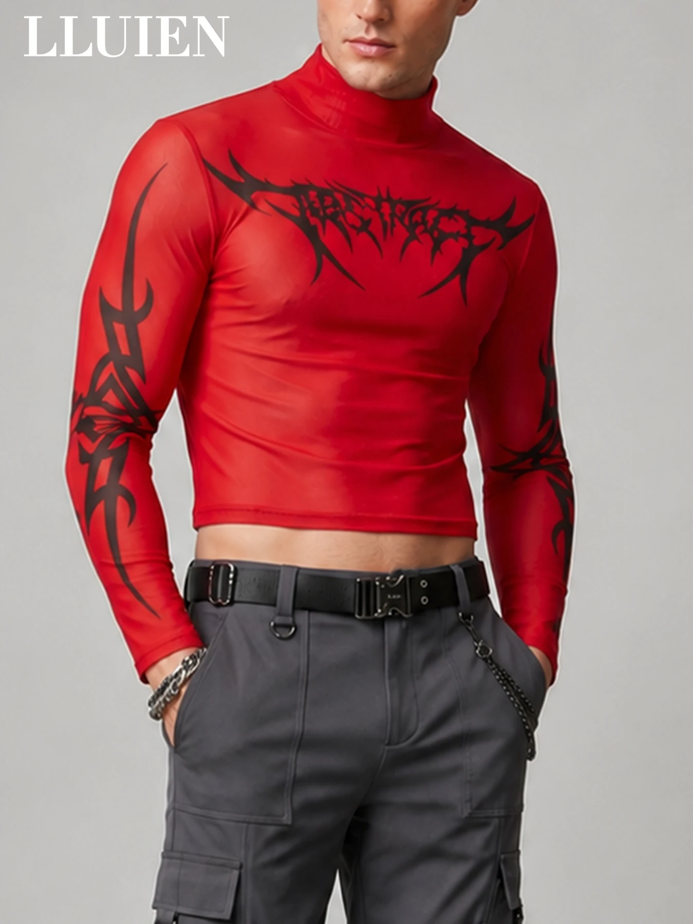 LLUIEN 2026 Neues Modisches Herren Crop-Top Langarm Rollkragen-Shirt mit Aufdruck 100% Polyester Nachtclub Mesh Enganliegendes T-Shirt – Detail 7