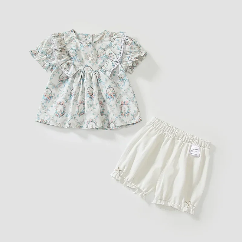 

2025 New Summer Children's Thin Floral Full Print Short Sleeve Top and Shorts Set