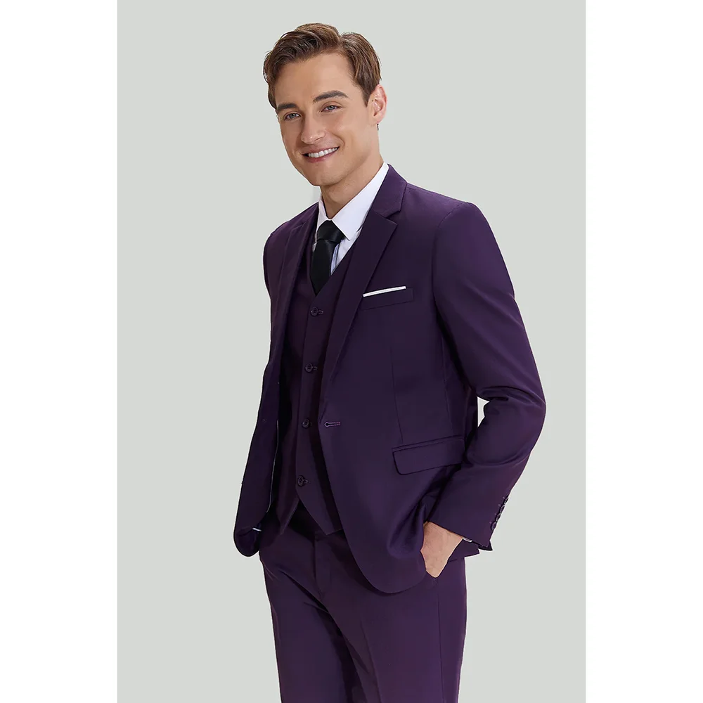 Formal Notch Lapel Solid Men Suits Purple Fashion Business Causal Office Male Suit Slim Fit Wedding Groom Tuxedo 3 Piece Set