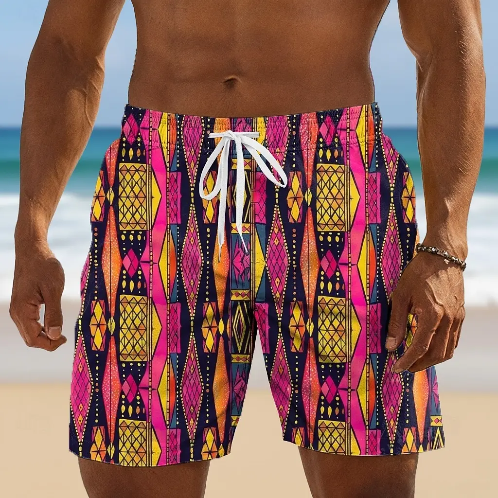 Men's Spring Summer 3D Printed Drawstring Shorts, Pink Orange Yellow Ethnic Diamond Geometric Boho All Over Print Casual Bottom