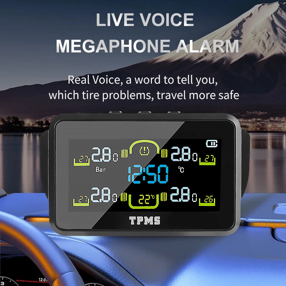 T14 سيارة Solor TPMS نظام مراقبة ضغط الإطارات اختبار درجة حرارة الإطارات 4 قطعة أجهزة الاستشعار ساعة رقمية عرض درجة حرارة الكابينة الداخلية #5