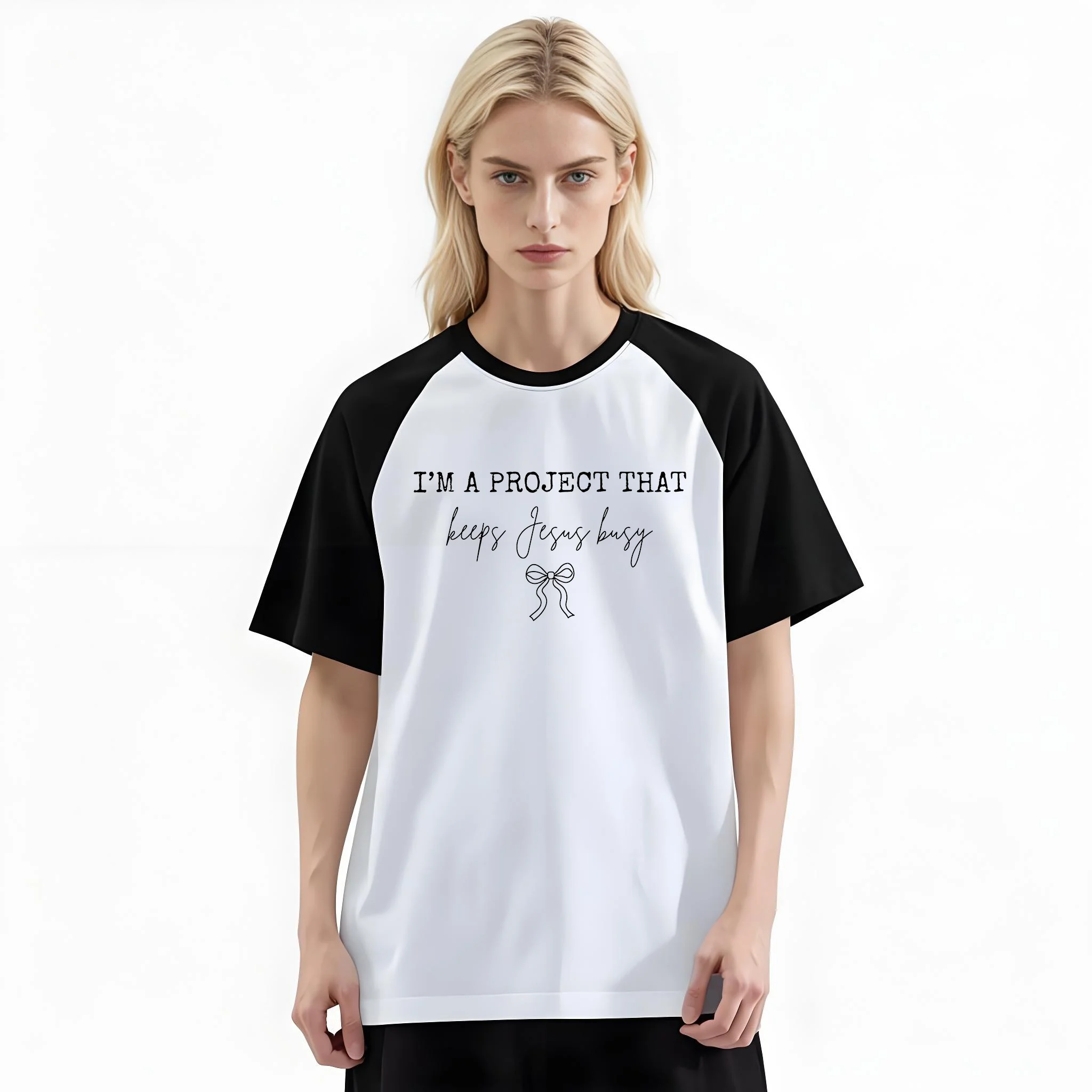 Women'S Fashion Raglan Sleeve T-Shirt, I'm A Project That Keeps Jesus Busy Printed, Summer Casual Comfortable Tee, Women'S Everyday Short-Sleeve Top