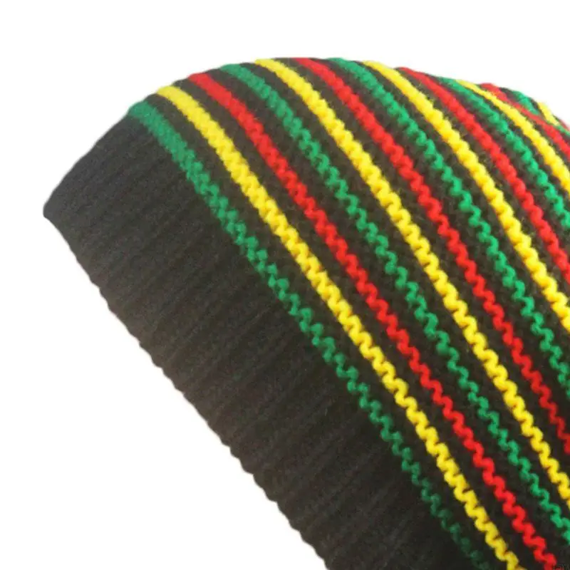 

L5YA Harajuku Ribbed Knitted Beanie Hat Hip Hop Jamaica Stripes Slouchy Baggy Winter Stretch Skull for Men Women