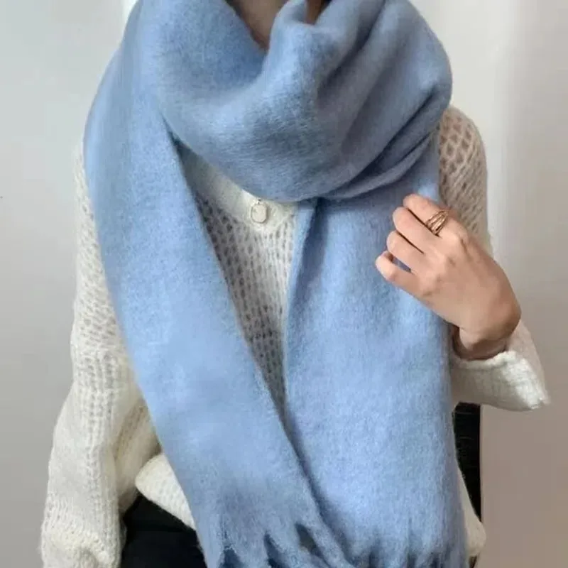 Mohair Scarf Thickened Cashmere Wrap Solid Color Bandana Tassel Female Foulard Thick Blanket Women Winter Large Long Warm Scarf