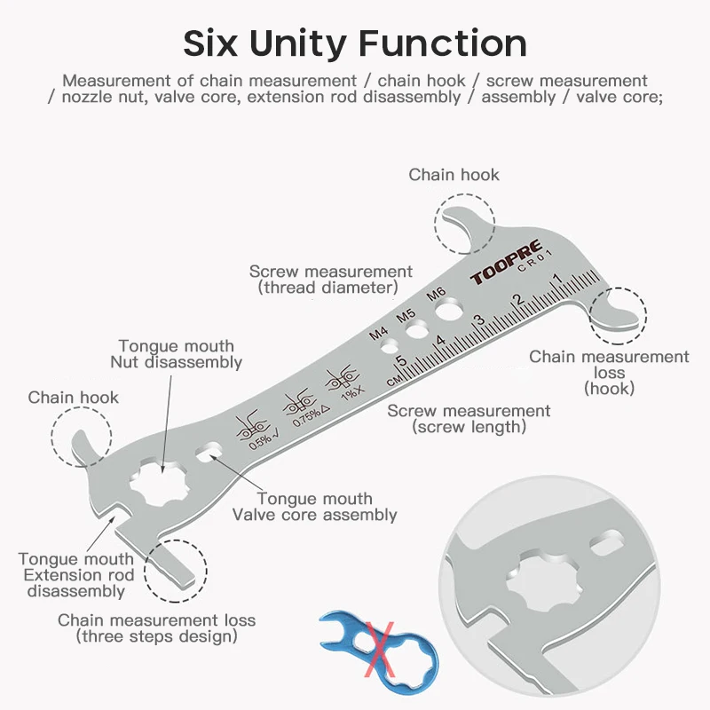 TOOPRE 6 in 1 Bike Chain Checker for MTB road bike 8 9 10 11 12 Speed Bicycle Chain Checker Gauge Tool presta valve tool