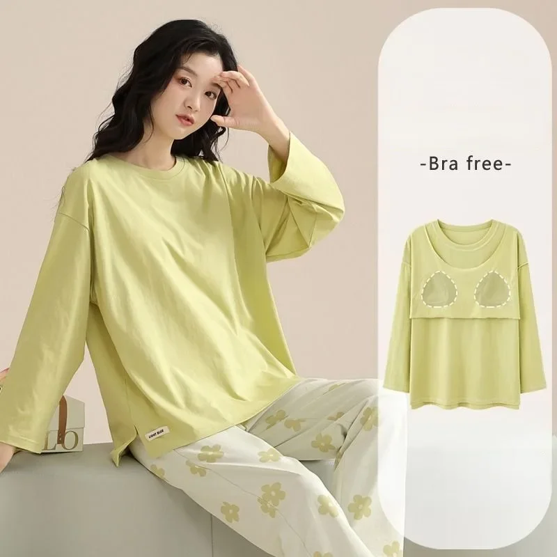 2024 New 100% Cotton Pajamas Chest Pads Women\'s Sleepwear Spring Autumn Long Sleeve Homewear Pullover Winter Loungewear Sets