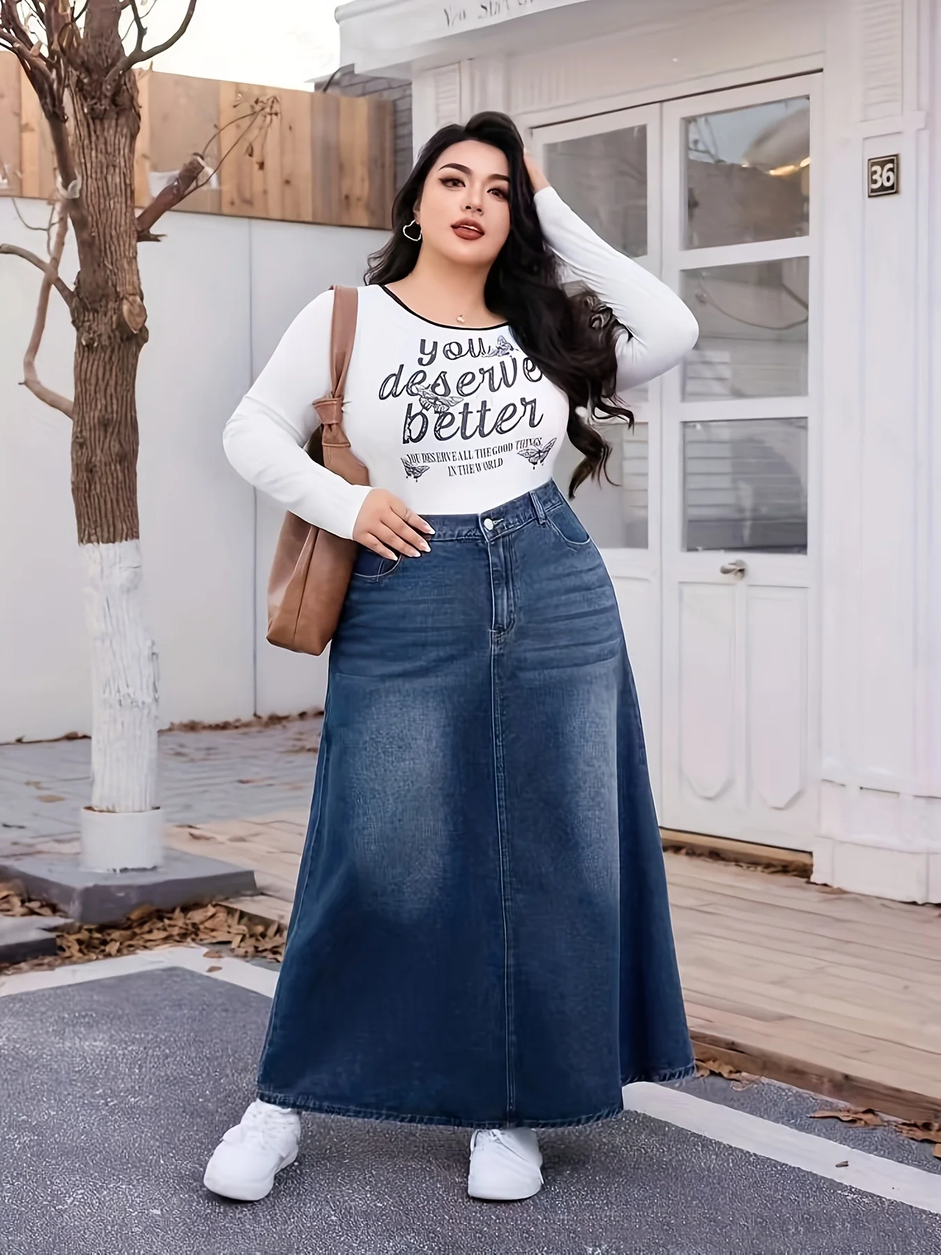 

Длинная джинсовая юбка А-силуэта большого размера, повседневный осенне-зимний стиль.