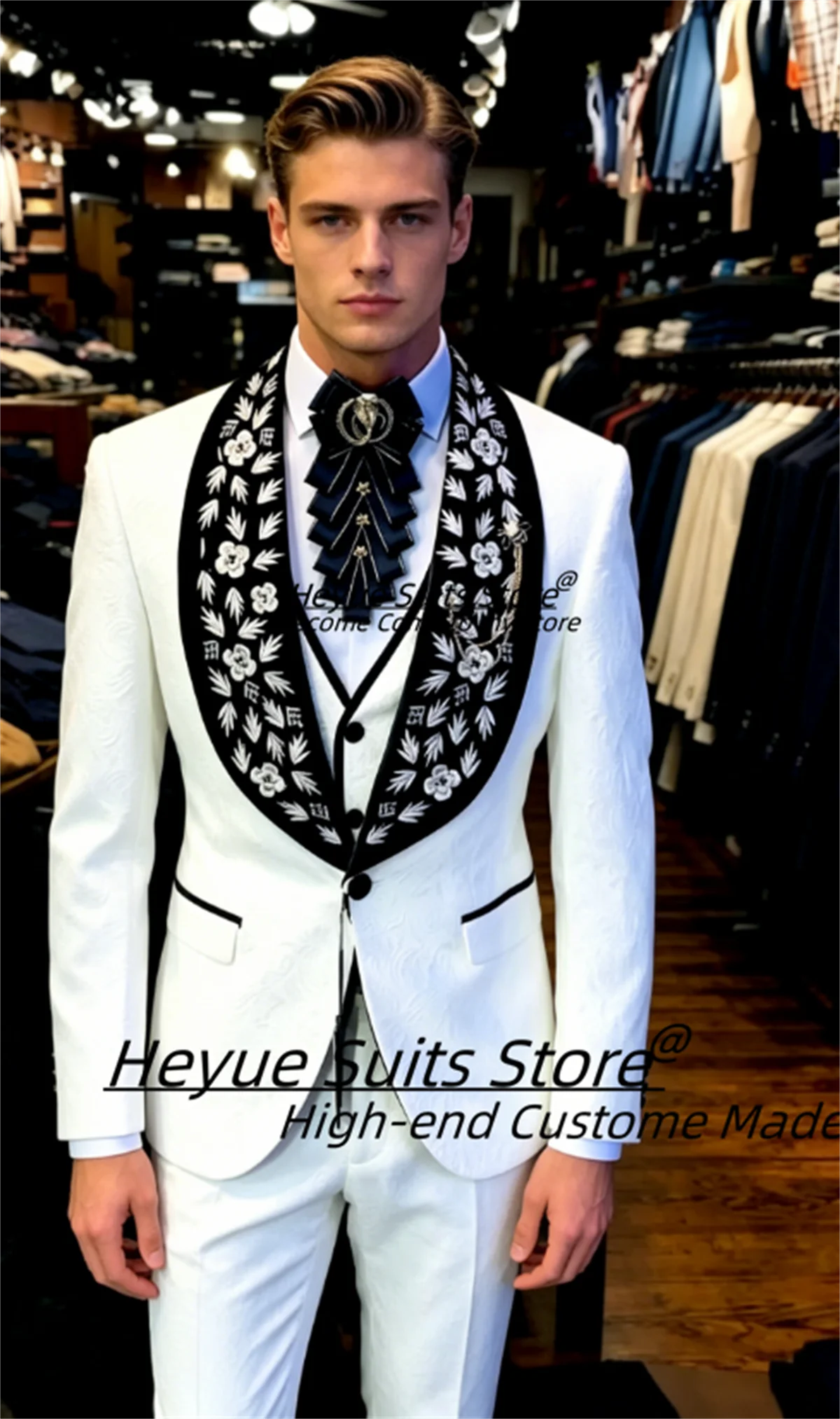

High-end Luxurious Men Suits Customized Slim Fit Shawl Lapel Groom Wedding Tuxedos Shiny Embroidery 3 Pieces Sets Ropa Hombre