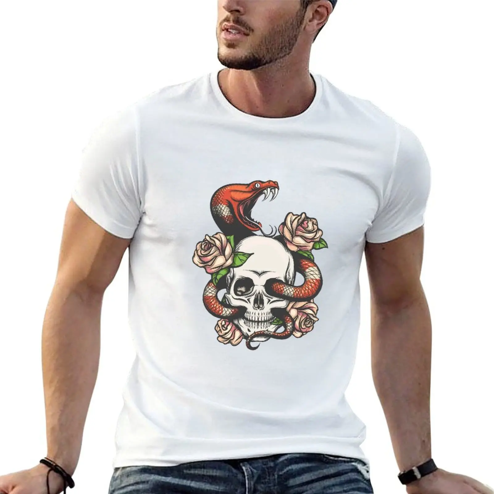 

Skull with Snake and roses T-Shirt t shirt custom print man t shirts cotton T-Shirt
