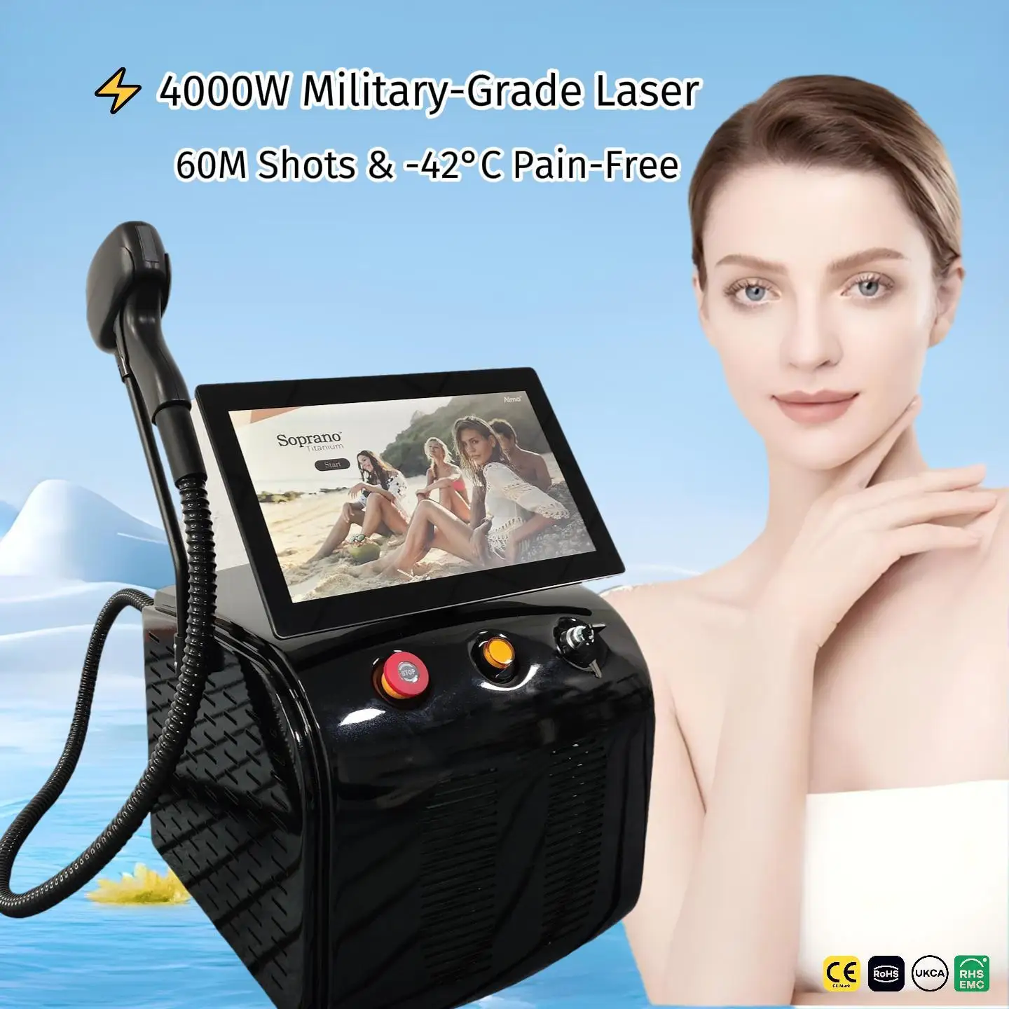 

Diode Laser Hair Removal Machine 4 Wavelengths with Sapphire Ice-Cooling Permanent Painless Hair Remover CE Certified for Face &