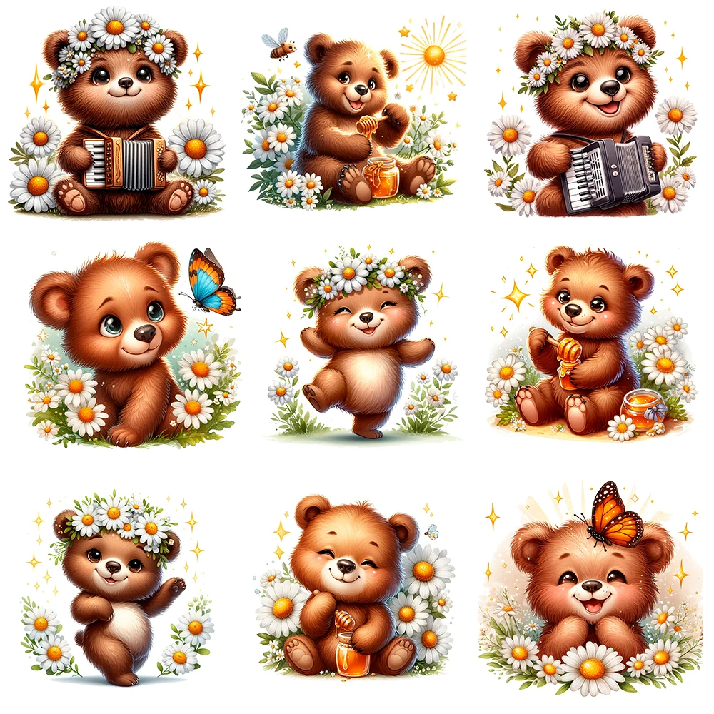 15cm Kids Flower Brown Bear Iron On Heat Transfer Stickers For Clothes DTF Pinted Vinyl Thermal Appliques Washable T-Shirt Decal