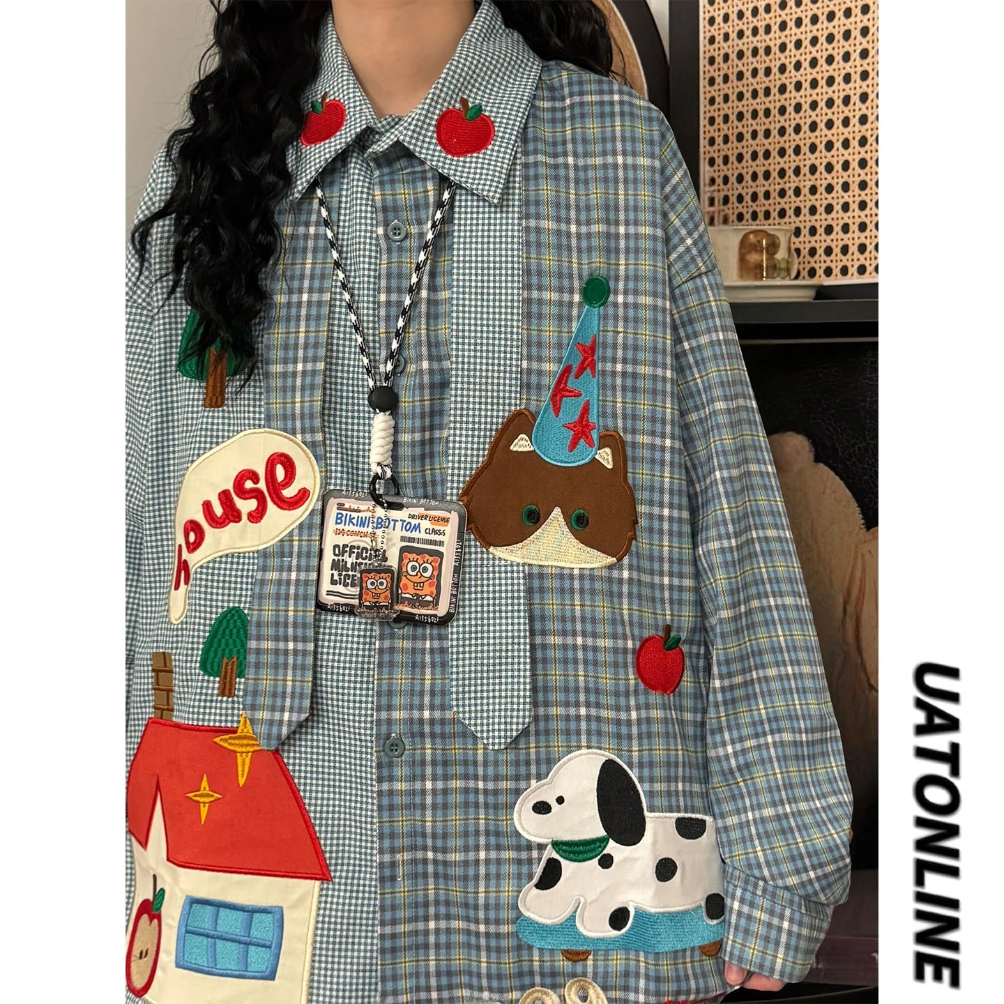 

UATONLINE2026 Весенняя женская рубашка в японском ретро-стиле с мультяшной вышивкой, свободного кроя, с длинным рукавом, модная, в клетку, уличная мода