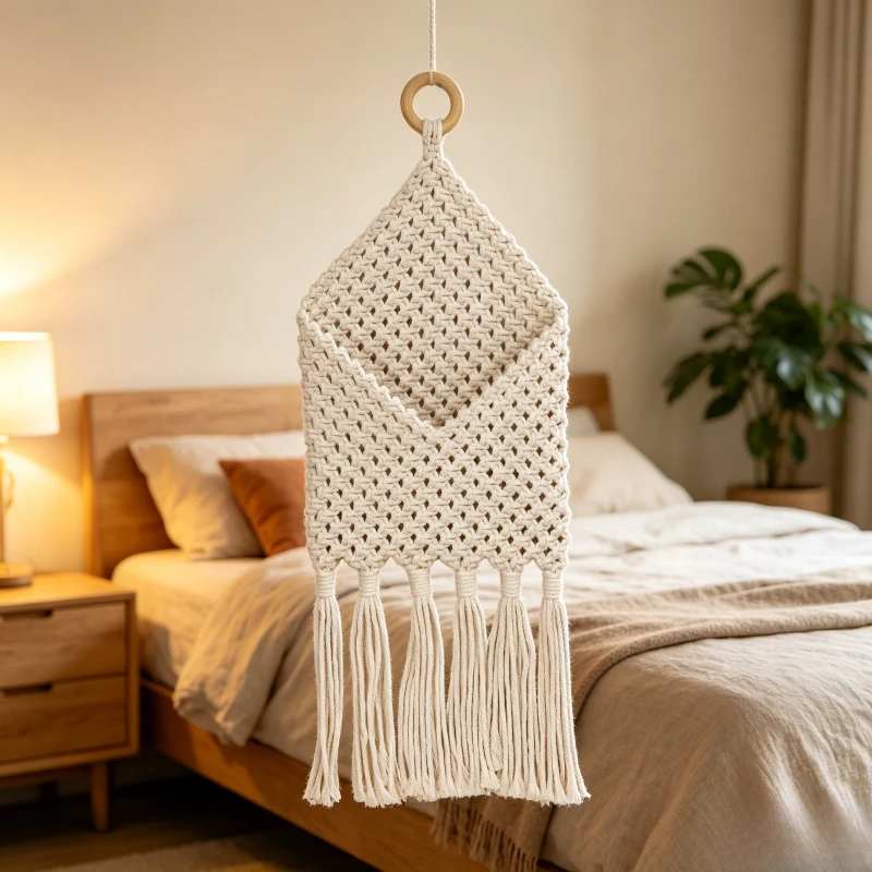 Boho Cotton Macrame Storage Wall Hanging Hand Woven Pocket Organizer Tapestry Fringe Wall Decor for Home Apartment