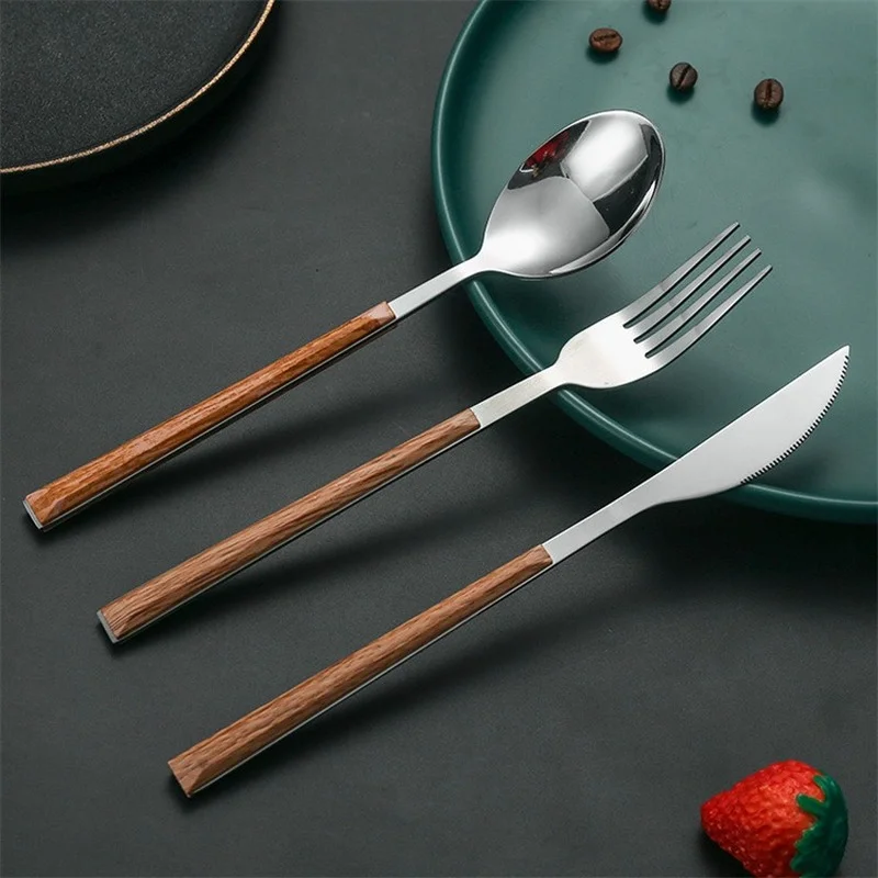 1pcs Stainless Steel Imitation Wooden Handle Cutlery Set Dinnerware Clamp Western Tableware Knife Fork Tea Spoon Silverware