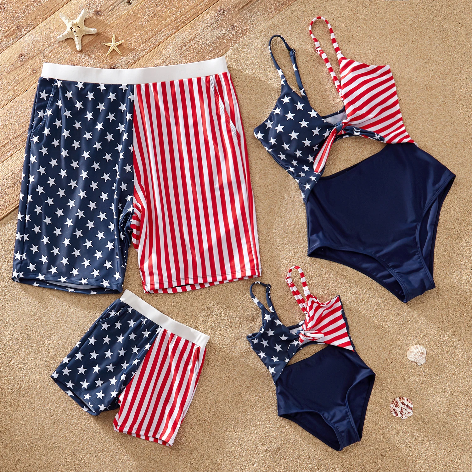 PatPat Independence Day Family Matching Star & Striped Spliced Knot Front Cut Out One-piece Swimsuit or Swim Trunks Shorts