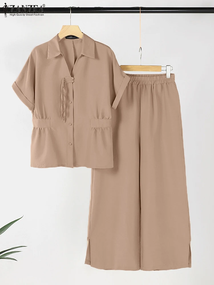 

ZANZEA Vintage Outfits Women 2PCS Pant Sets Summer Elegant Office Short Sleeve Shirt Tracksuit Elastic Waist Straight Pant Suits