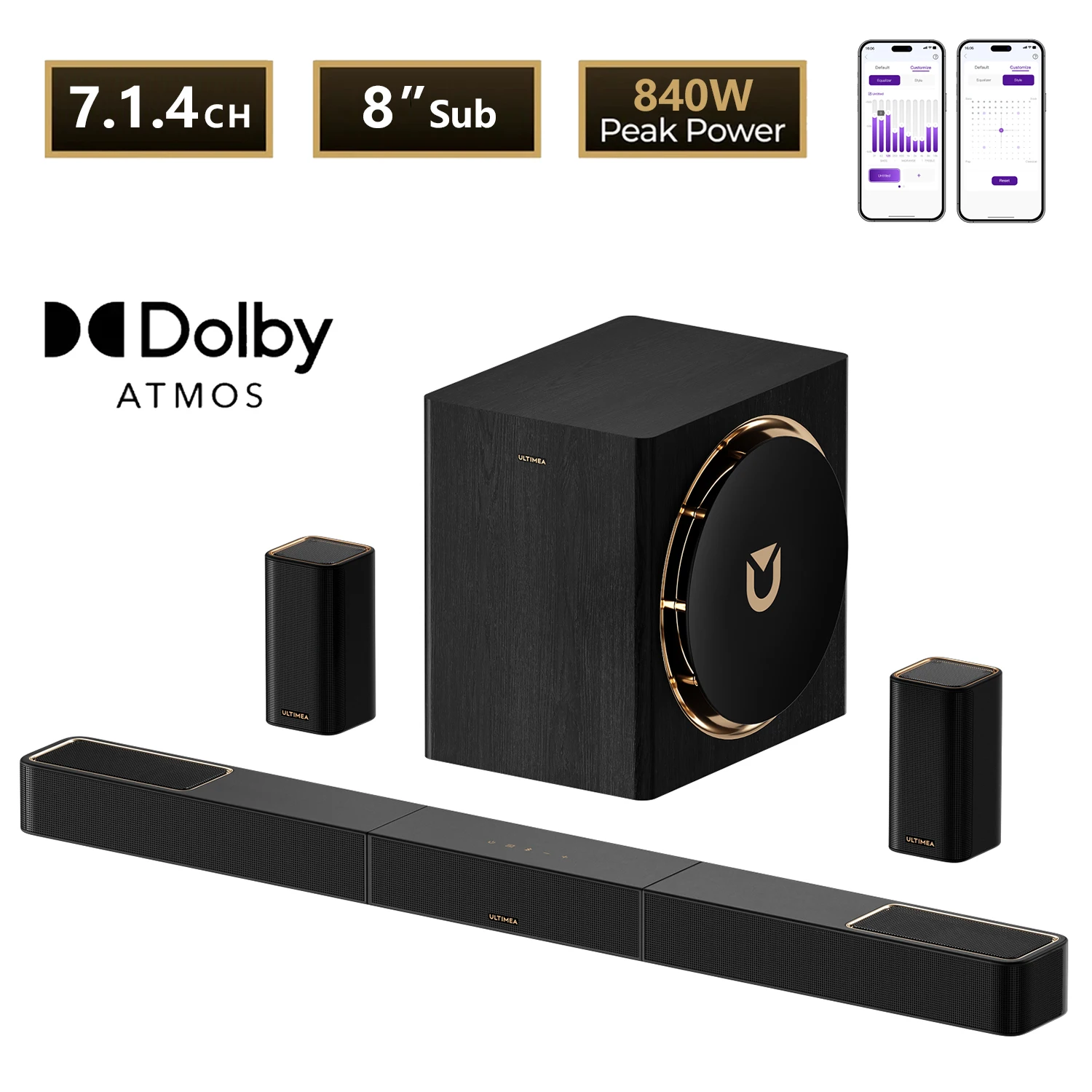 ULTIMEA 7.1.4ch Soundsysteem Soundbar, Dolby Atmos & APP-bediening, Surround Sound-systeem met subwoofer & 2 draadloze achterluidsprekers