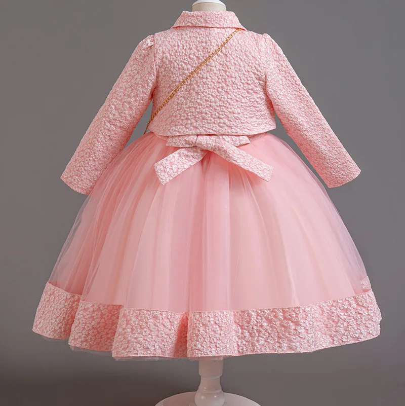 Spring Flower Girl Elegant Dresses for Wedding Girls’ Formal Dress with Bag 3 PC Set Long Sleeve Kids' Clothes 3 to 12 Years image 4
