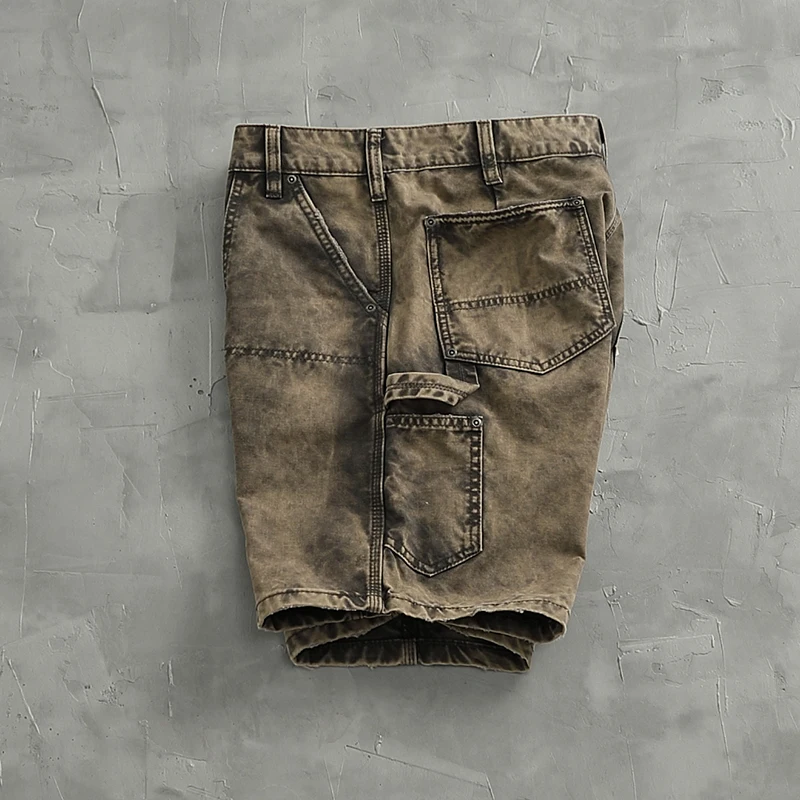 Heavy Washed 100% Cotton Shorts for Men Summer Vintage Distressed Washed Casual Loose Straight Half Pants Youth Male Workwear