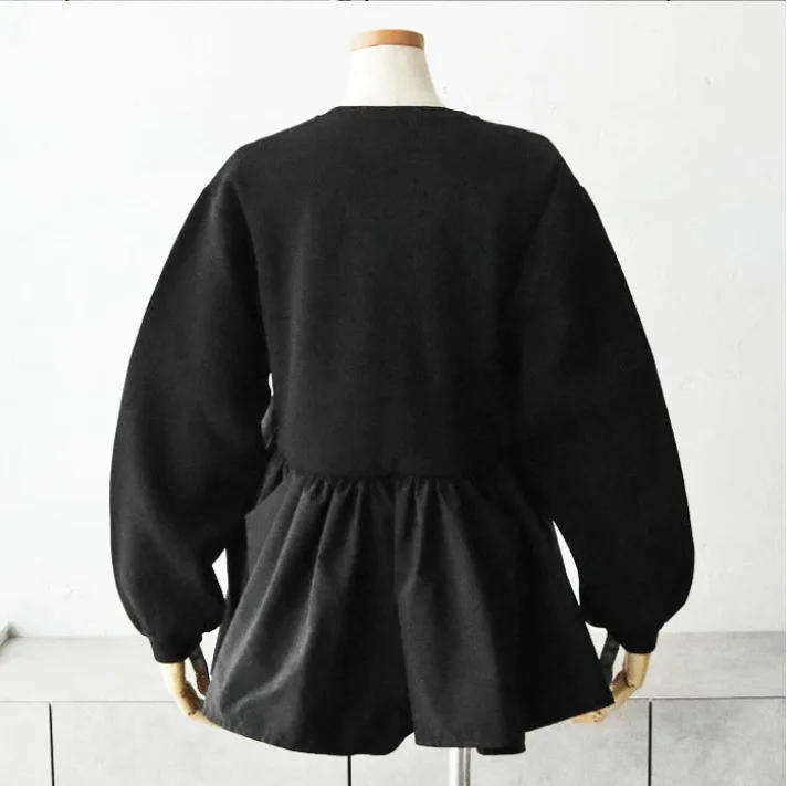 KUSAHIKI New Knitted Sweater Splicing Women\'s Fashion Coat Causal Ruffle Long Sleeve Round Neck Pullover Knitwear Tops