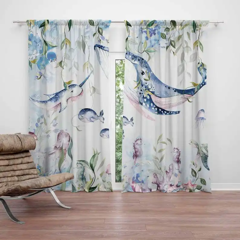 Ocean Whale Curtains Sea Animals Kids Bedroom Black Out Curtain Nursery Decor Baby Room Living Room Curtains