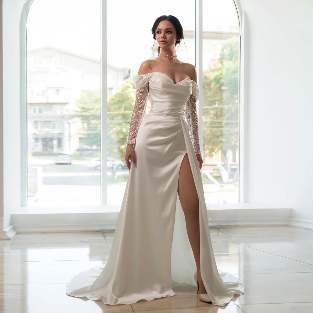 Sparking Sweetheart Neck Wedding Dresses Strapless Off The Shoulder Bridal Grown Sequins Slit Satin A Line Vestidos De Novia