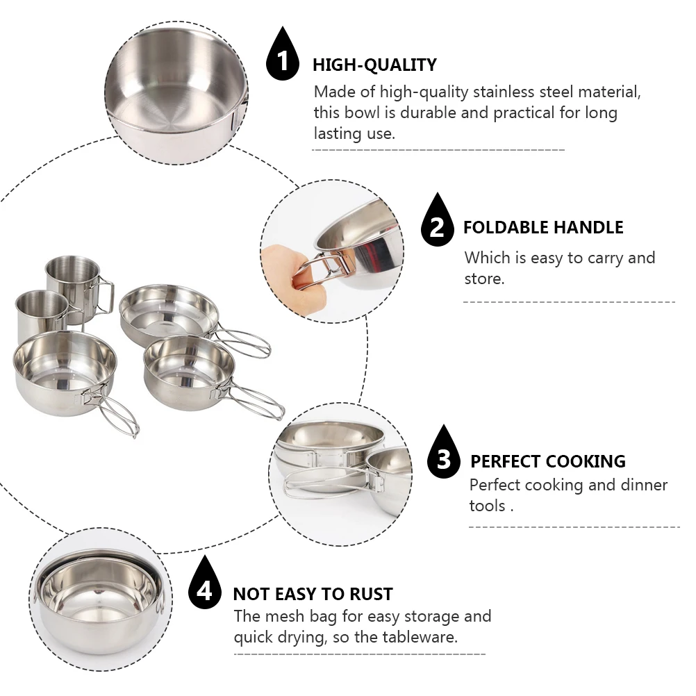 

5 Camping Set Stainless Steel Saucepan Bowls Cups Foldable H Outdoor Cooking Camping Tableware Set Hiking Picnic