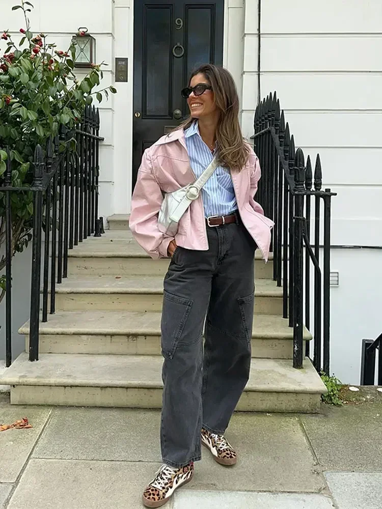 Chaquetas de cuero con solapa y cremallera para mujer, ropa de calle elegante de manga larga con bolsillo, color rosa, 2024