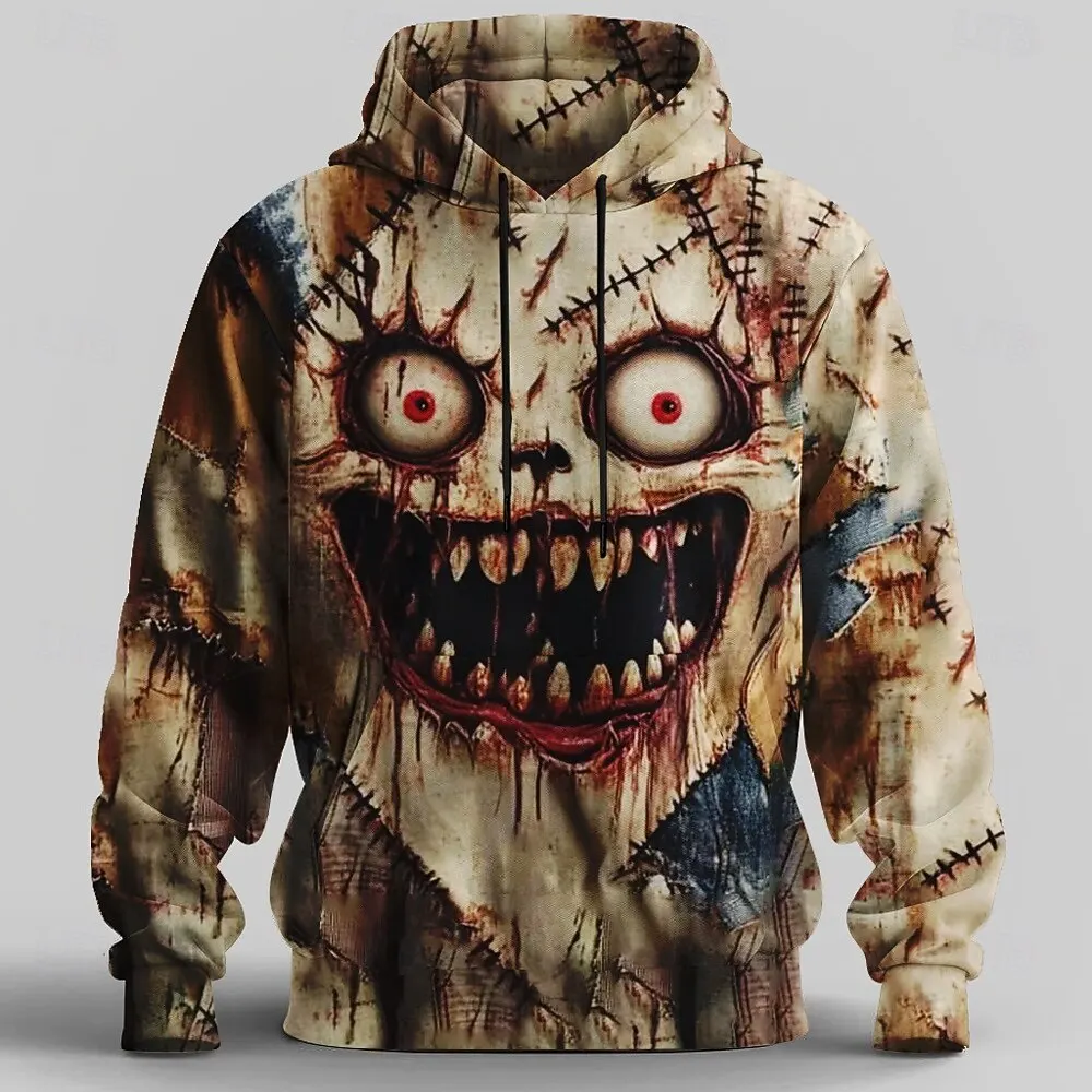 Halloween Herren Horror Face Hoodie Sweatshirt Punk Übertrieben Rundhalsausschnitt Club Streetwear Gelb Orange Kordelzug Herbst Winter