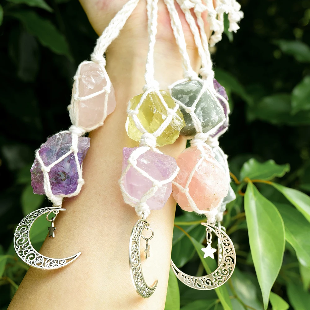 Charm Natural Gemstone Crystal Raw Stone Amethyst Rose Quartz Pendant Healing Crystals FengShui Hanging Ornament Car Decoration