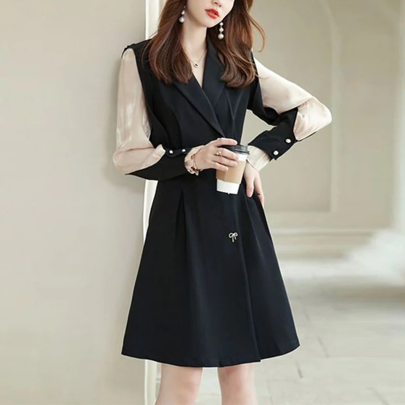 Spring Autumn Patchwork Elegant Waist Dress Ladies Korean Fashion Chic Buttons A-line Robe Vestidos De Fiesta Women\'s Clothing