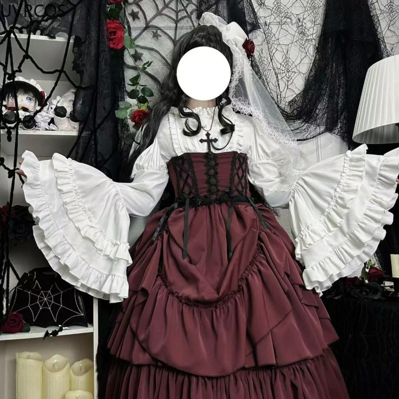 Japanese Lolita White Shirts Women Vintage Gothic Ruffles Black