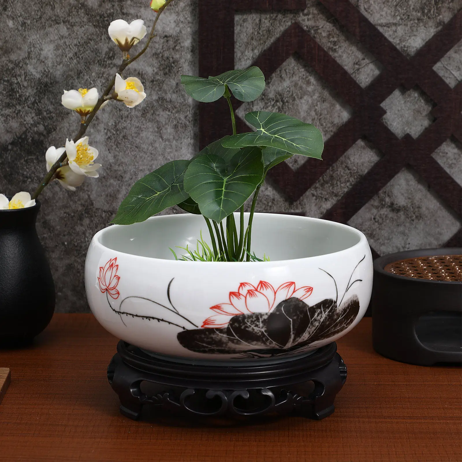 Ceramic Flower Pot Hydroponic Planter Bowl Round Design for Indoor Outdoor Plants Living Room Bedroom Office Restaurant Garden