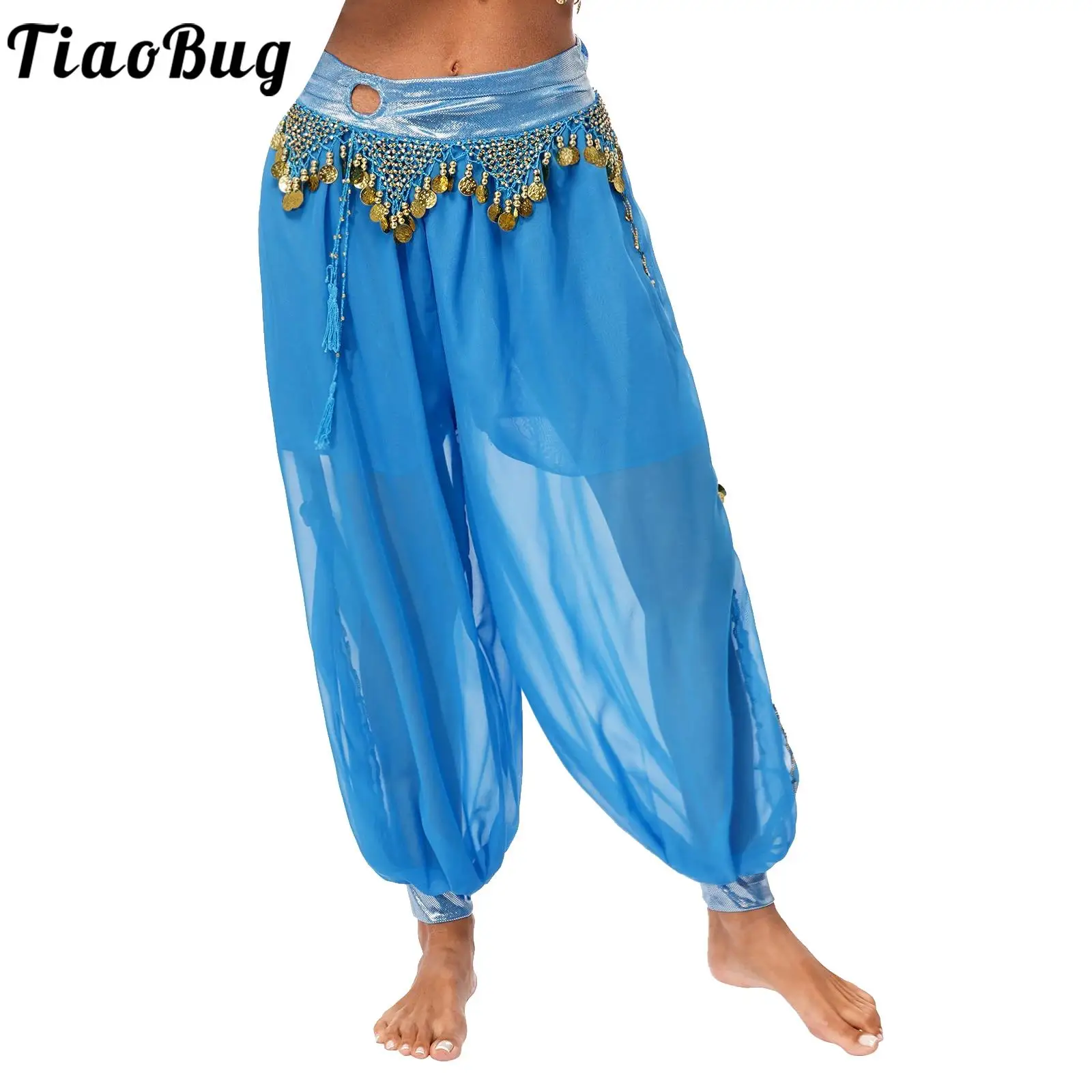 Womens Belly Dance Harem Pants Halloween Carnival Costume Sequin Tassel Trouser Tribal Arabic Dance Performance Loose Pants