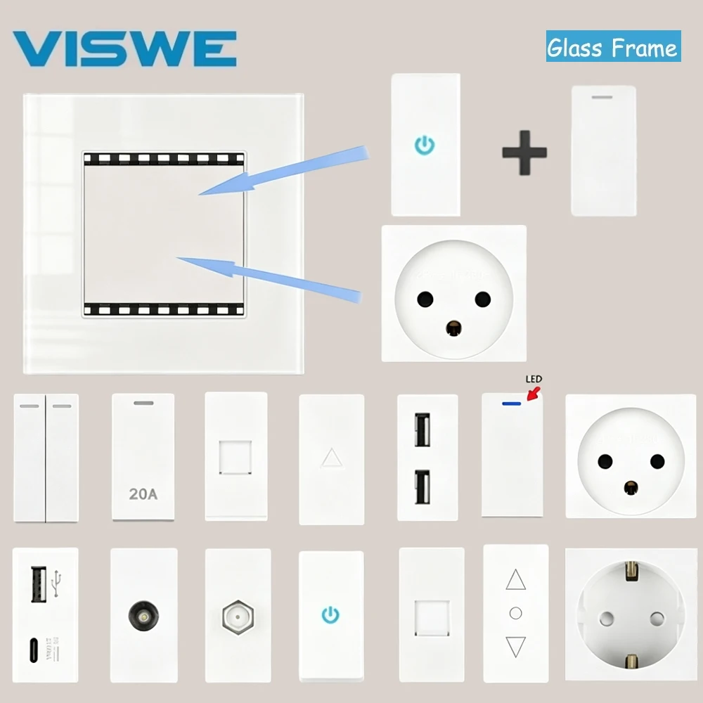 VISWE White USB CAT5 Internet TV ST Function With Wall Socket EU Standard DIY Combination Glass Frame