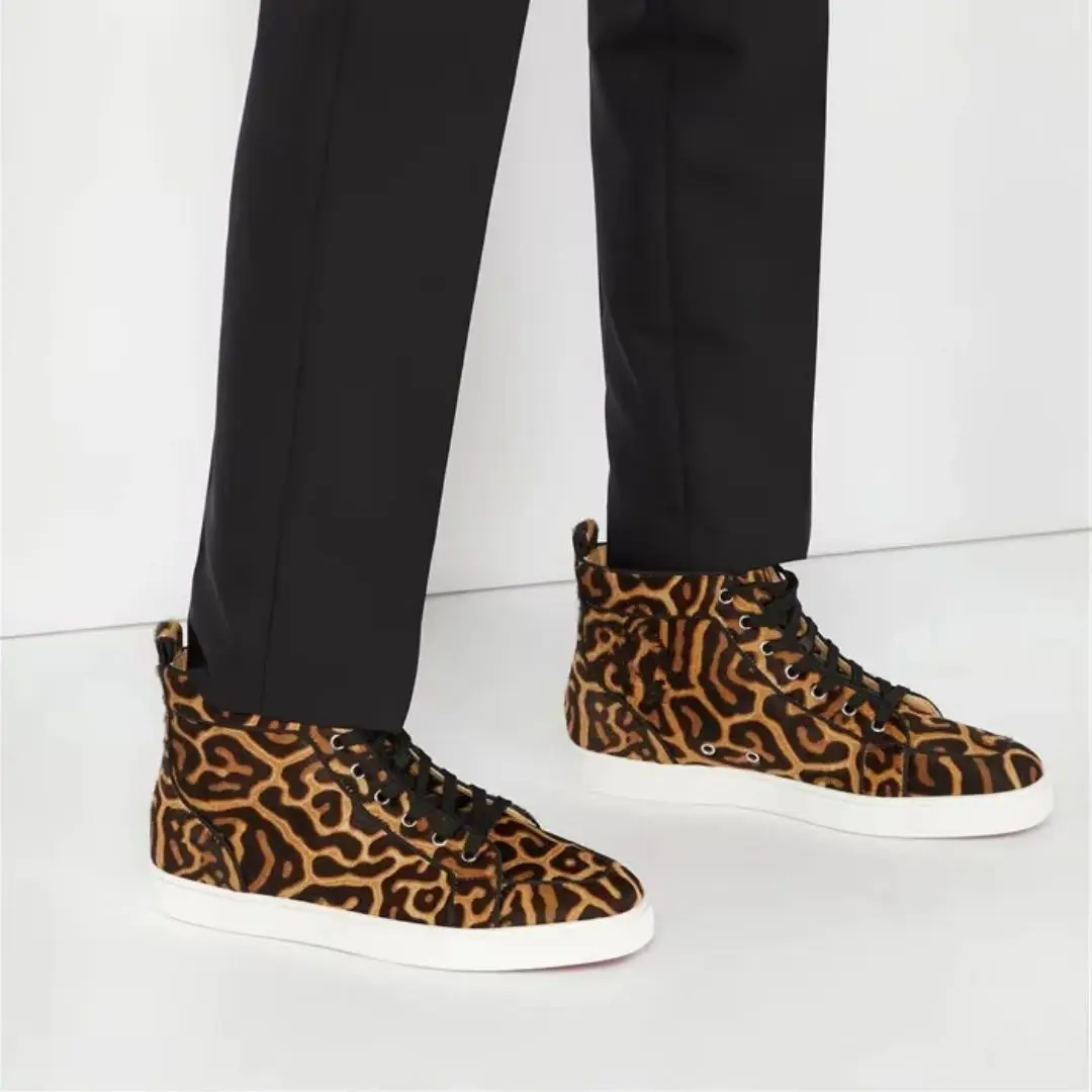 Horsehair Leopard Prints Platform Flats Lace Up Shoes Luxurious Handmade Men High Top Sneakers Fashion Style Shoes Brown Leather
