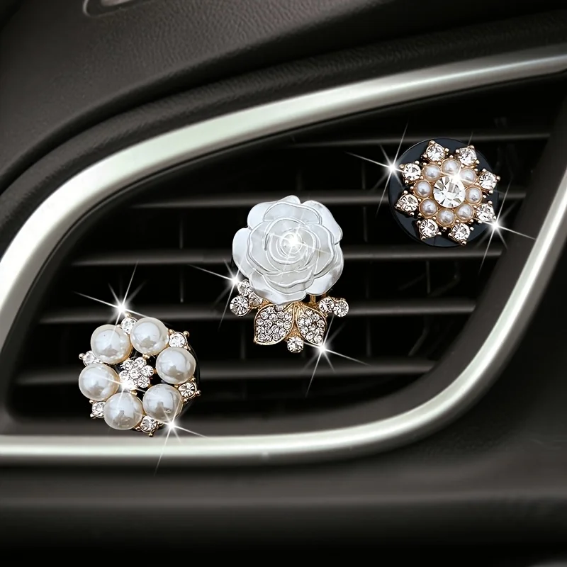 

Pearl Rhinestone Flower White Rose Car Air Freshener, Car Air Vent Clip, Car Aromatherapy Diffuser, Unscented