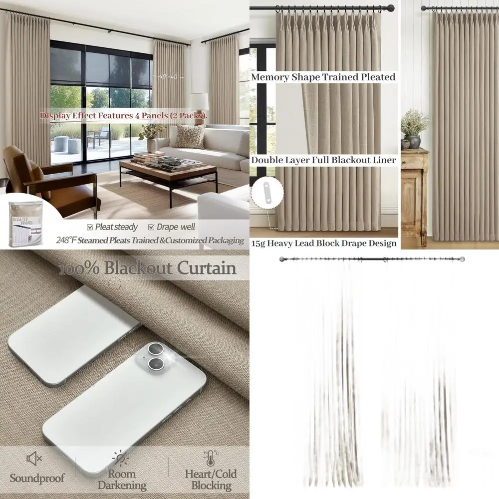 Linnen knijpplooi kamerverduisteringsgordijnen, 96 lang, taupe, dubbellaags voor geluidsabsorptie, set met 2 panelen voor woonkamer