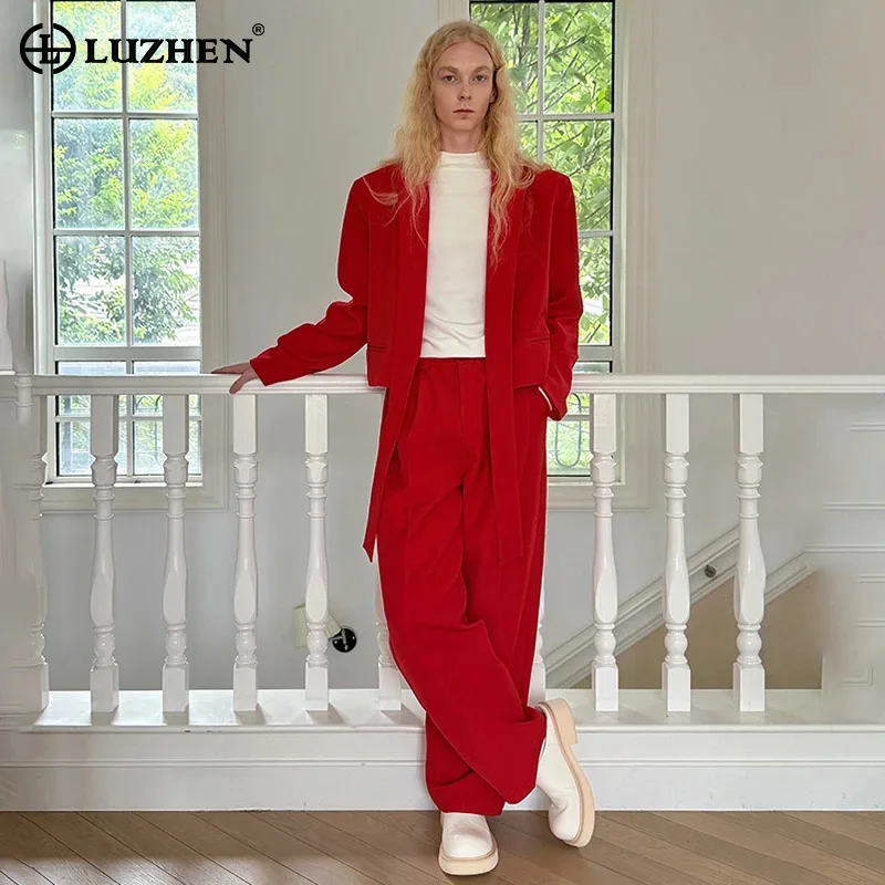 

LUZHEN оригинальные однотонные комплекты из двух предметов для мужчин, новинка 2025, роскошные элегантные ленты в стиле пэчворк, украшенный пиджак, пальто, повседневные брюки JY4211