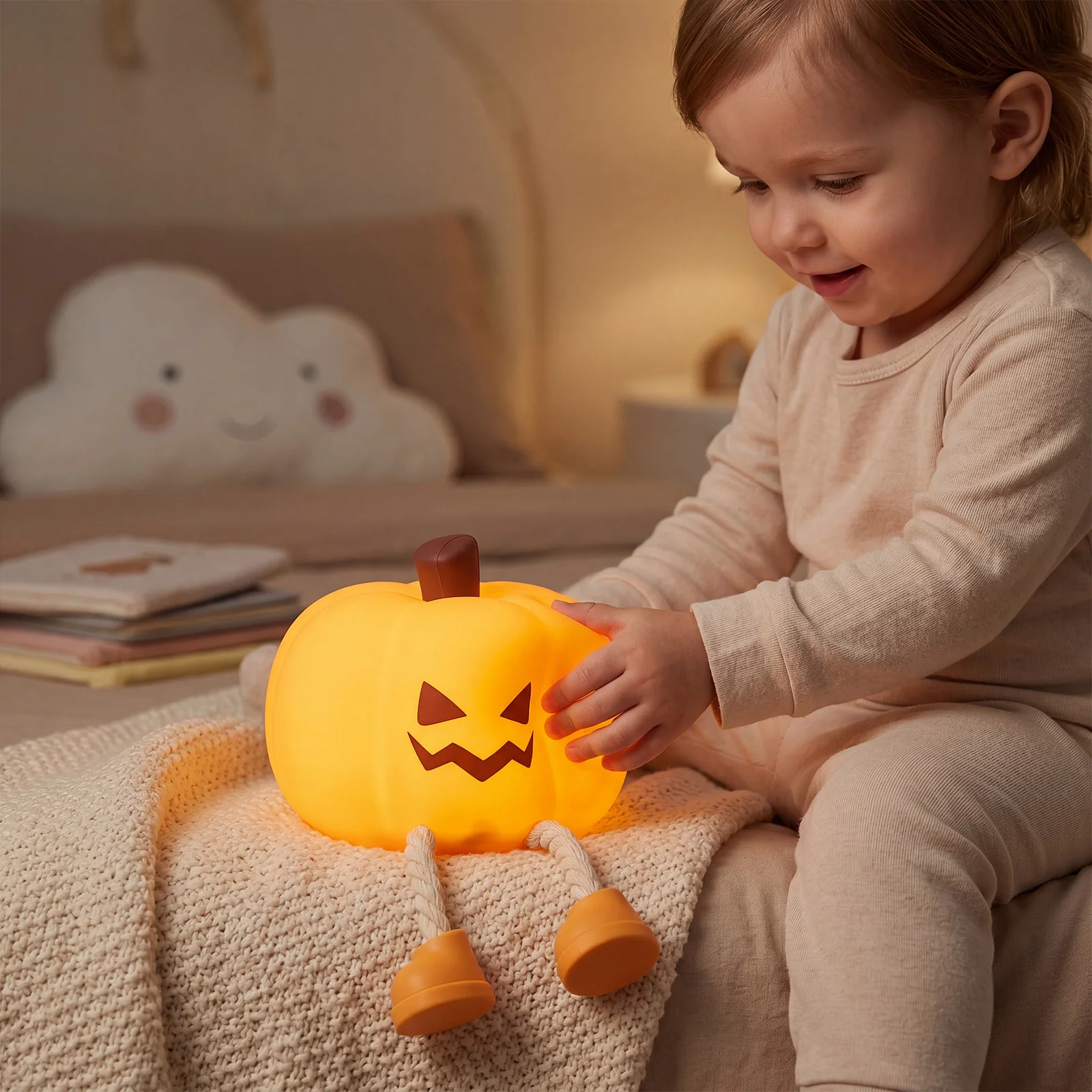 Rechargeable Halloween Pumpkin Warm Light, Spooky Jack-O-Lantern Desktop Lamp, Bedroom Home Halloween Ornament Decor