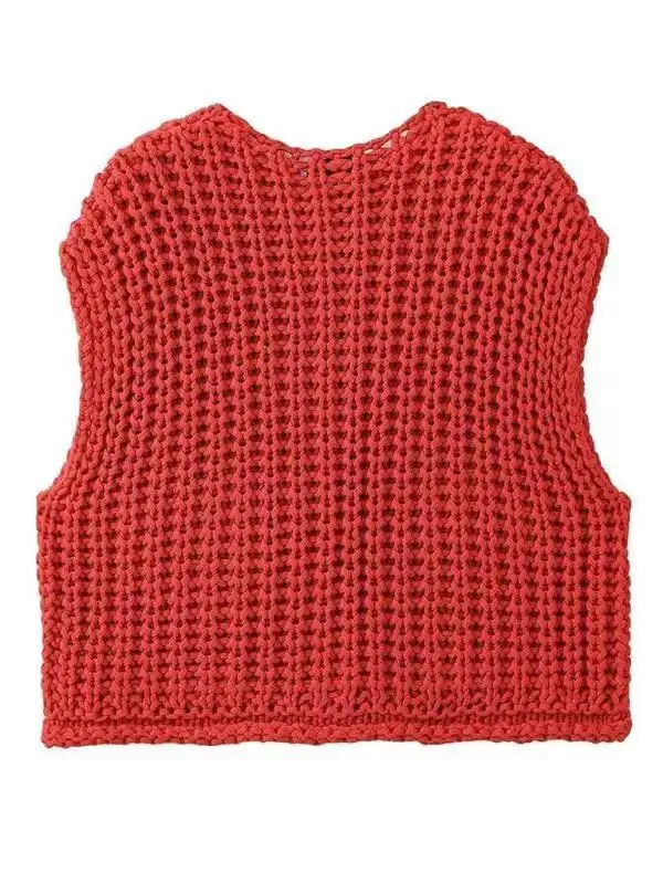 Women\'s Chunky Vest Red Soft Knit Gold Button Pocket Front Sleeveless Cozy Sweater Vest Cardigan Top Street Style Outfit