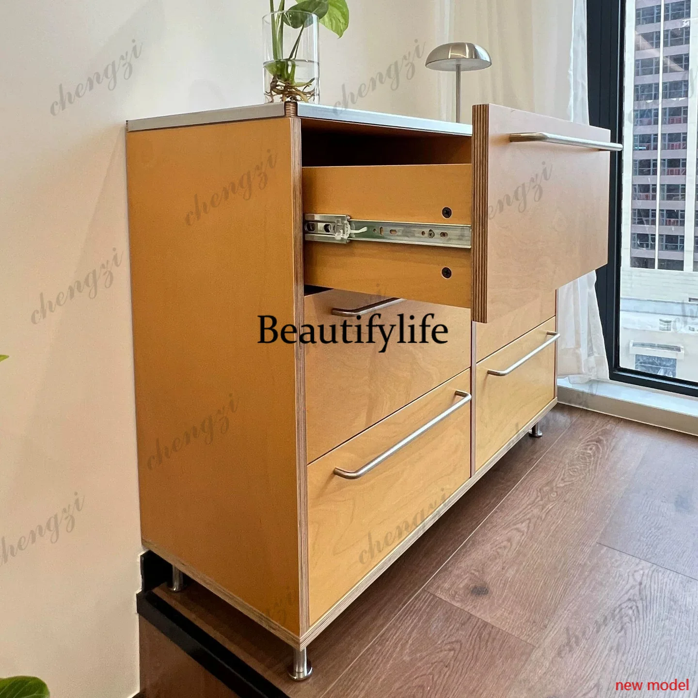h178Modern simple living room coffee cabinet log color multi-drawer storage, kitchen dining side, storage cabinet