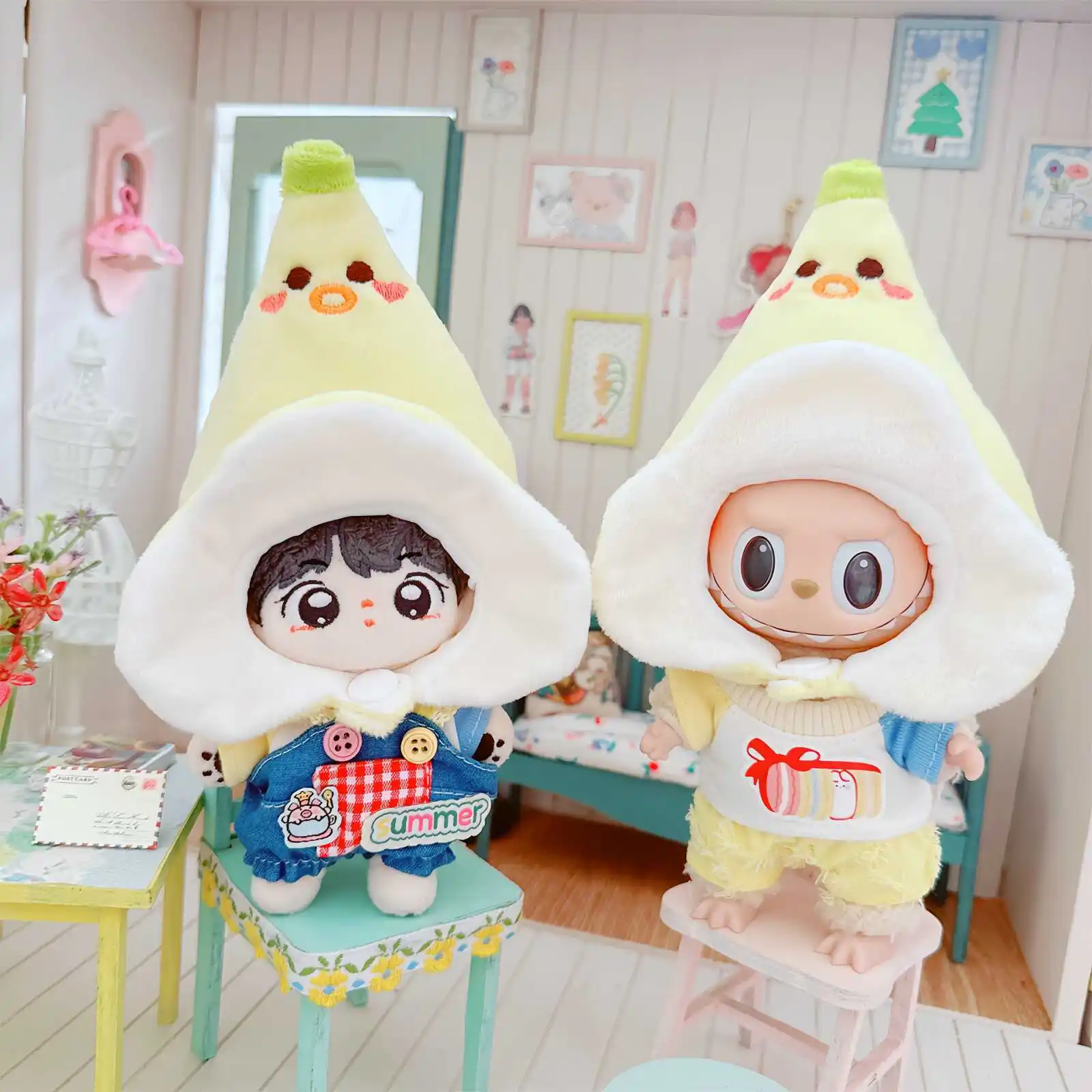 Kawaii Idol Doll Clothes Set for Kids, Cute Banana Hat, Bunny T-Shirt, Plush Doll Clothes, Accessories, Gifts for Girls, 10cm