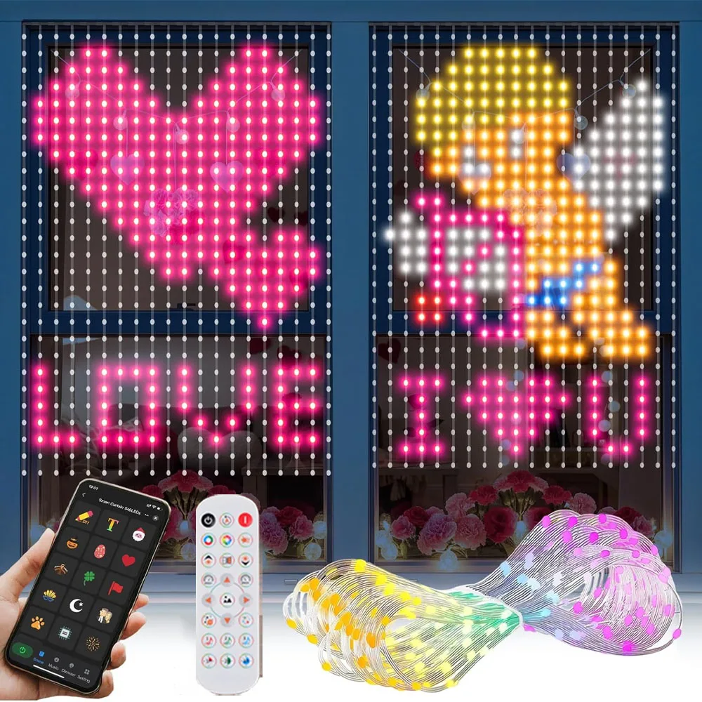 1/2Pcs Smart Christmas Lights with DIY Text or Pattern,400LED Curtain Light Outdoor IP65 for Valentine's Day Home Decor