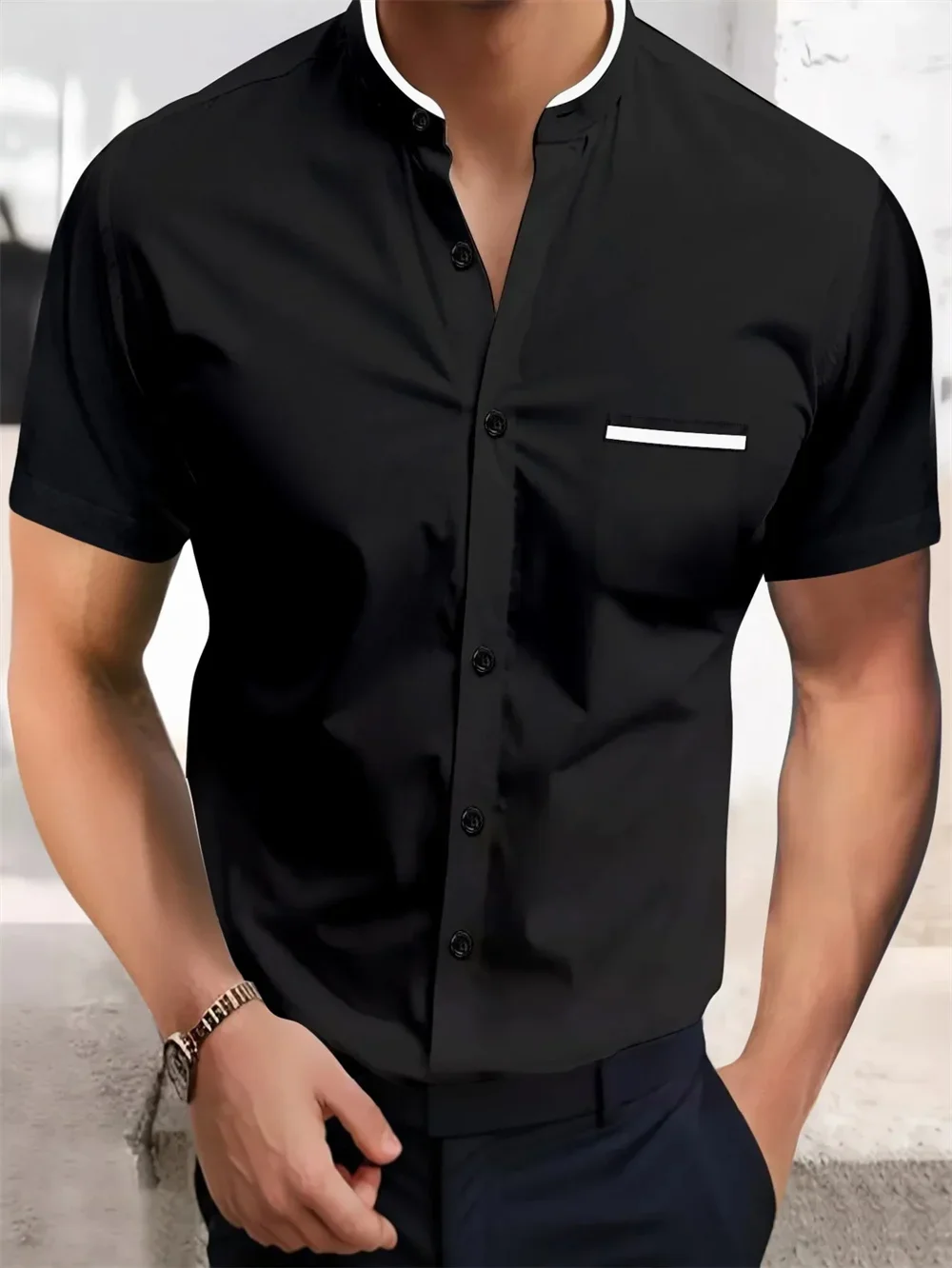 Men's Light Color Simple Business Casual Solid Color Embellishment Lapel Button Short-sleeved Shirt Slim Vacation Casual Top