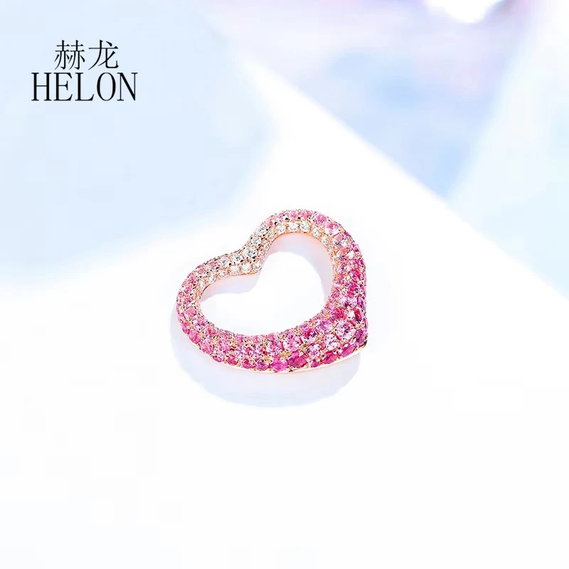 HELON Solid 18k Rose Gold Genuine Pink Sapphires Diamonds Heart Pendant Women Sweet Love Anniversary Classical Fine Jewelry